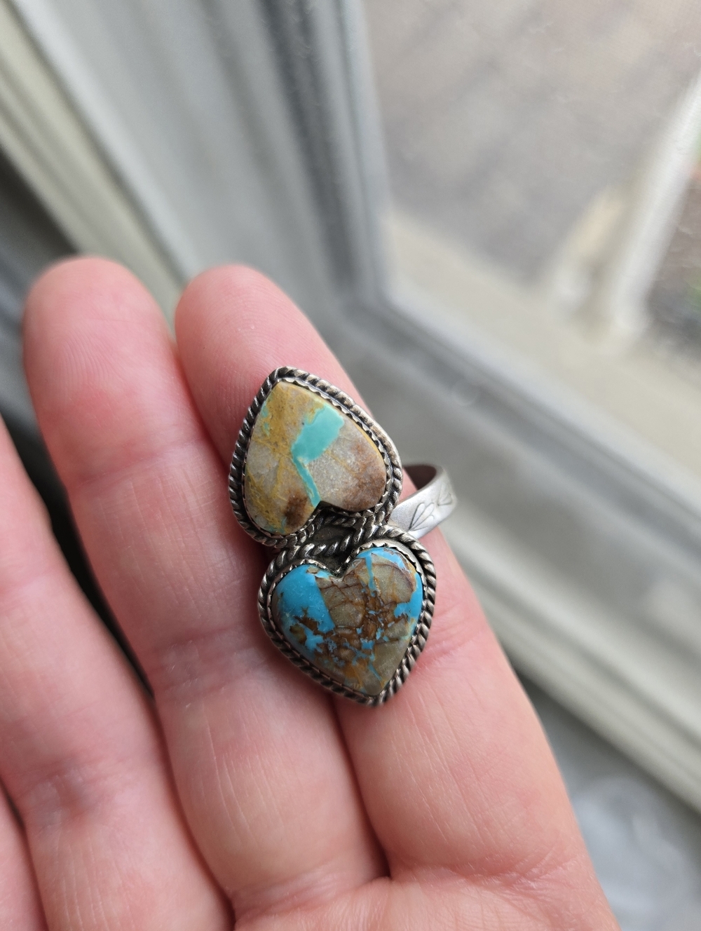Handmade Sterling Silver Royston Ribbon Turquoise Adjustable Ring Signed - Picture 4 of 15